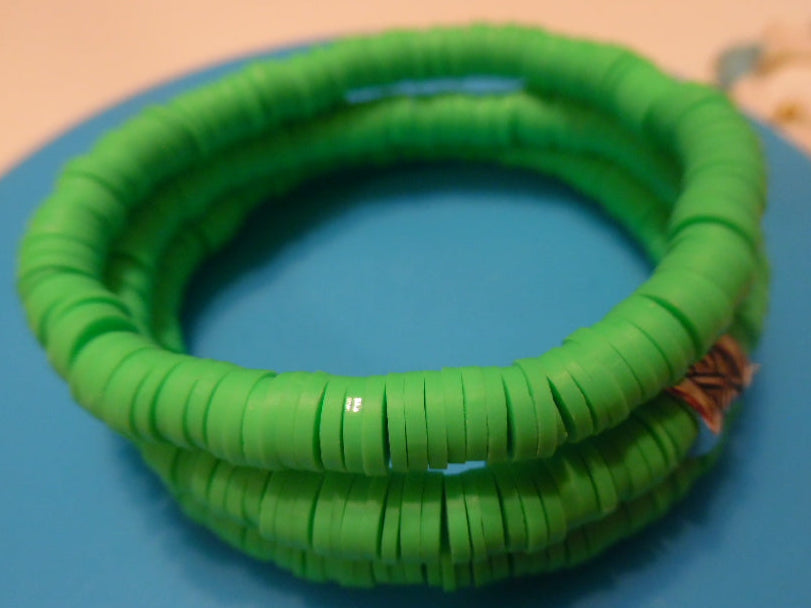 Lime Green Polymer Clay Stackable Bracelet Set – 3 Stretch Bracelets with Silver-Tone Geometric Spacer