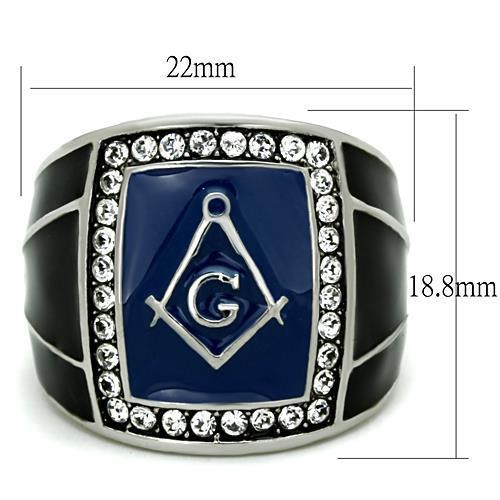 Men’s Stainless Steel Freemason Ring with Clear Crystal Halo