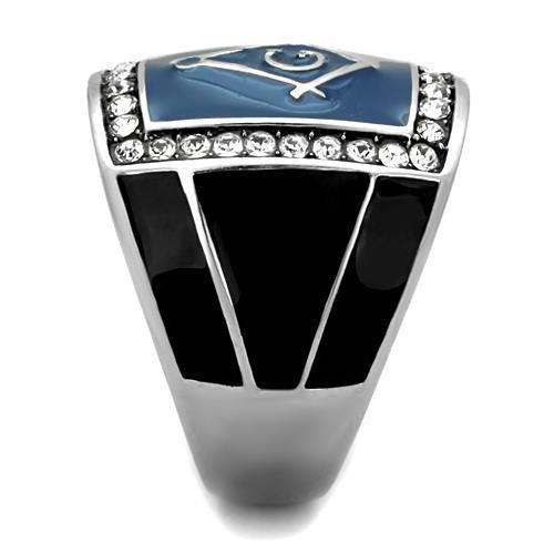 Men’s Stainless Steel Freemason Ring with Clear Crystal Halo