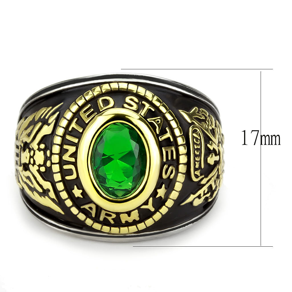 U.S Army Stainless Steel Two-Tone Ring with Synthetic Emerald
