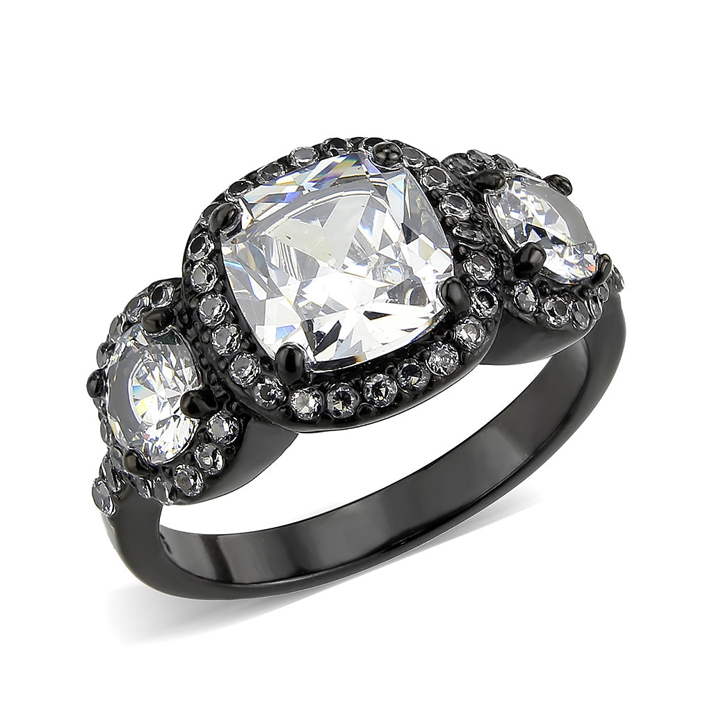 Radiant Three Stone Halo Ring in Black Finish