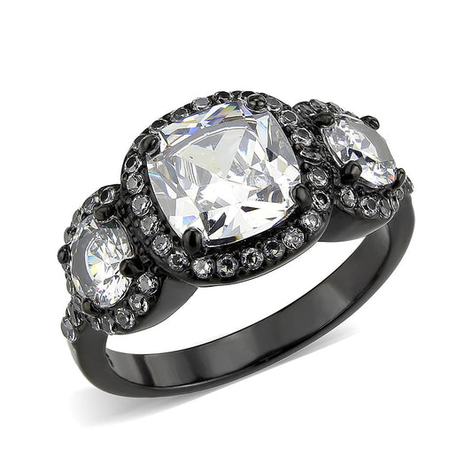 Radiant Three Stone Halo Ring in Black Finish