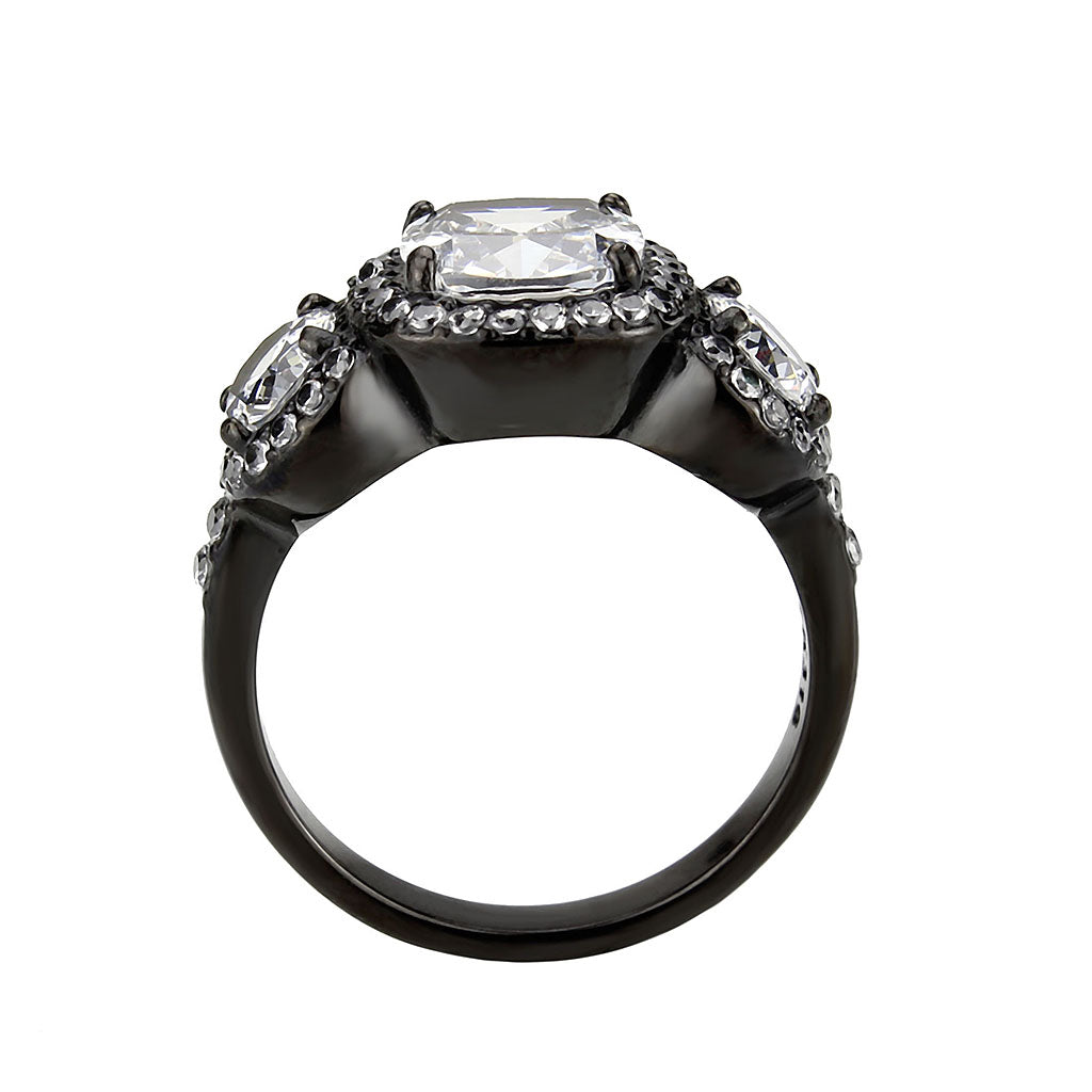 Radiant Three Stone Halo Ring in Black Finish