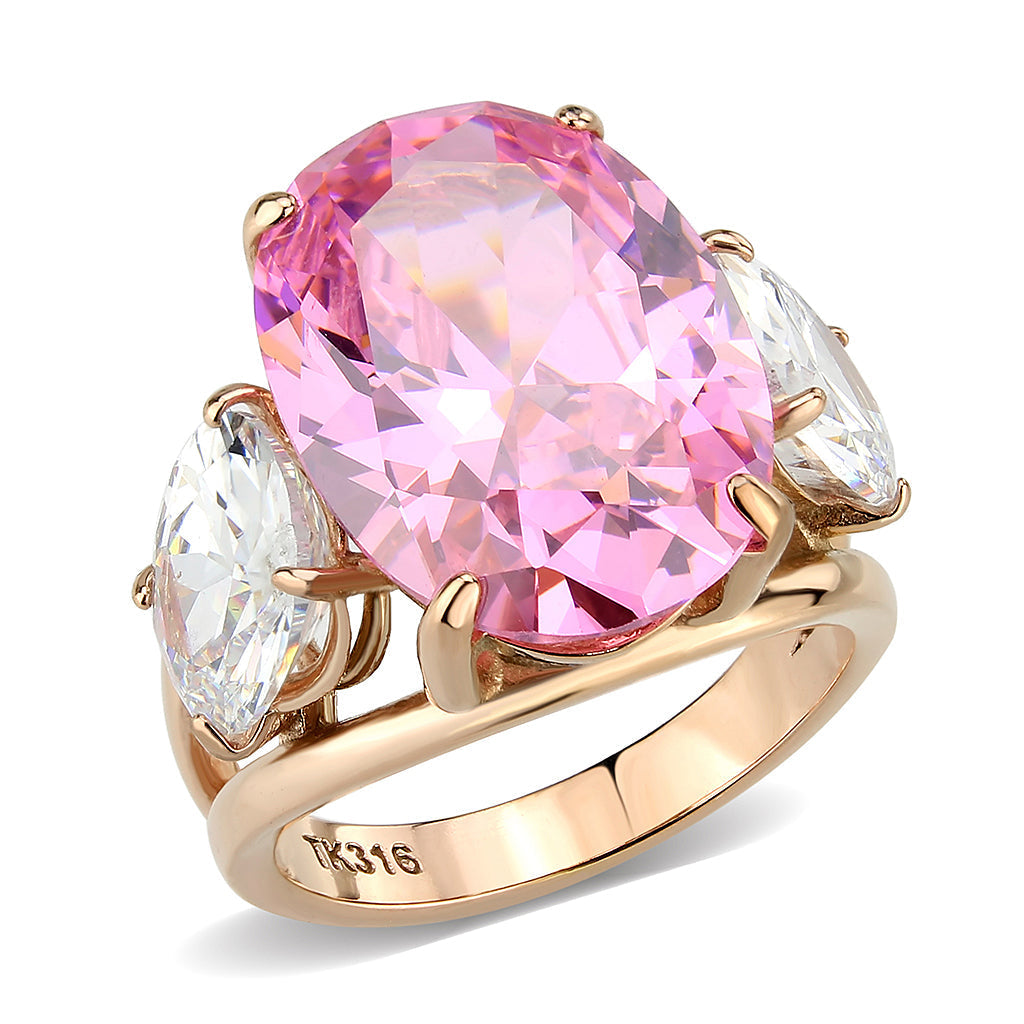 Three Stone Pink and Clear Cubic Zirconia Ring In Rose Gold