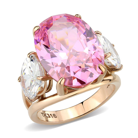 Three Stone Pink and Clear Cubic Zirconia Ring In Rose Gold