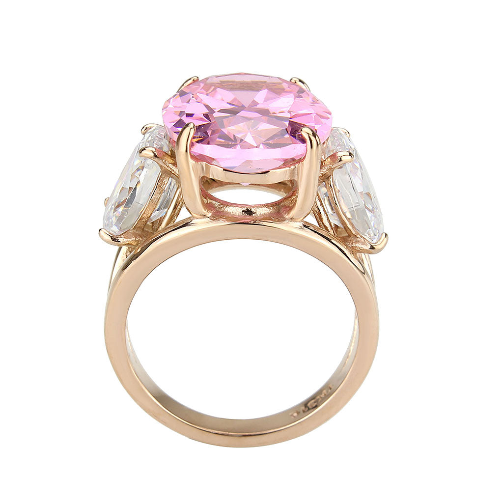 Three Stone Pink and Clear Cubic Zirconia Ring In Rose Gold