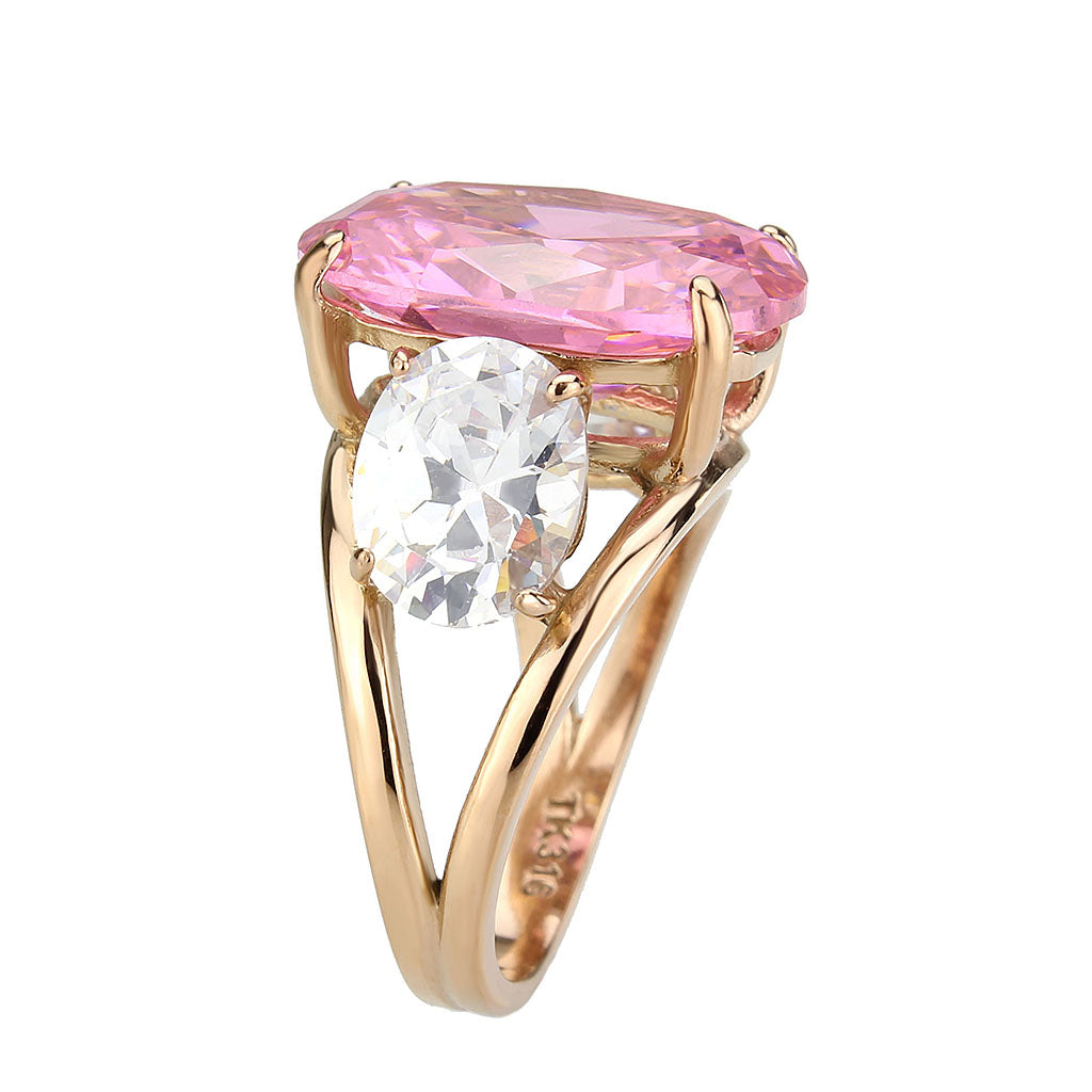 Three Stone Pink and Clear Cubic Zirconia Ring In Rose Gold