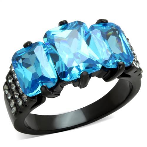 Emerald Cut  3-Stone Blue Cubic Zirconia Stainless Steel