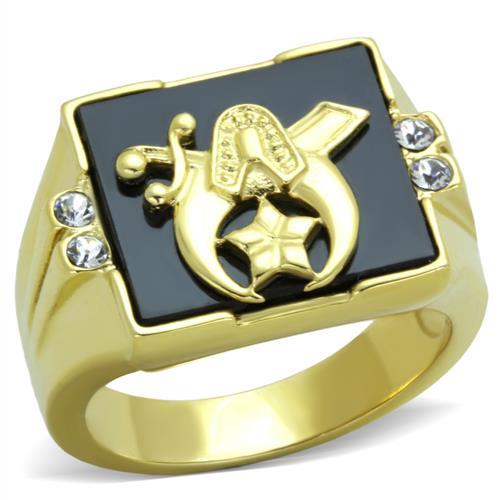 Men’s Gold Masonic Ring with Black Enamel Face & Clear Accent Stones