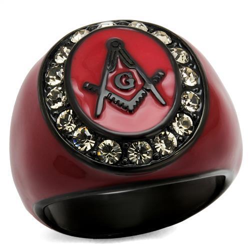 Men's Red Masonic Ring – Stainless Steel with Ruthenium Plating & Crystal Accents