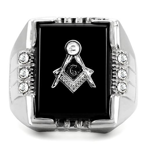 Bold Masonic Elegance: Jet-Black Agate Stainless Steel Ring