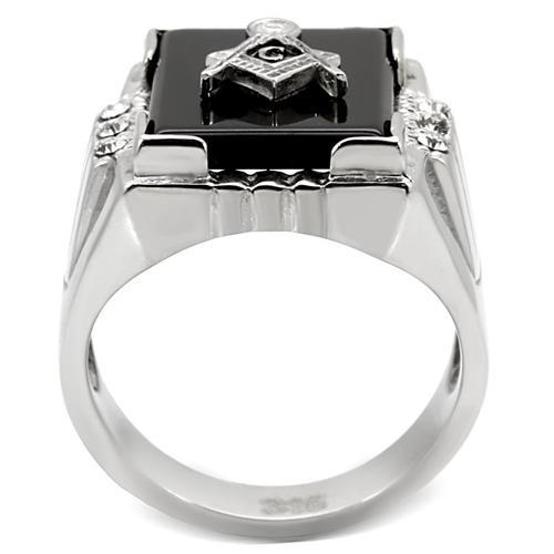 Bold Masonic Elegance: Jet-Black Agate Stainless Steel Ring