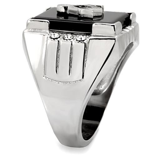 Bold Masonic Elegance: Jet-Black Agate Stainless Steel Ring