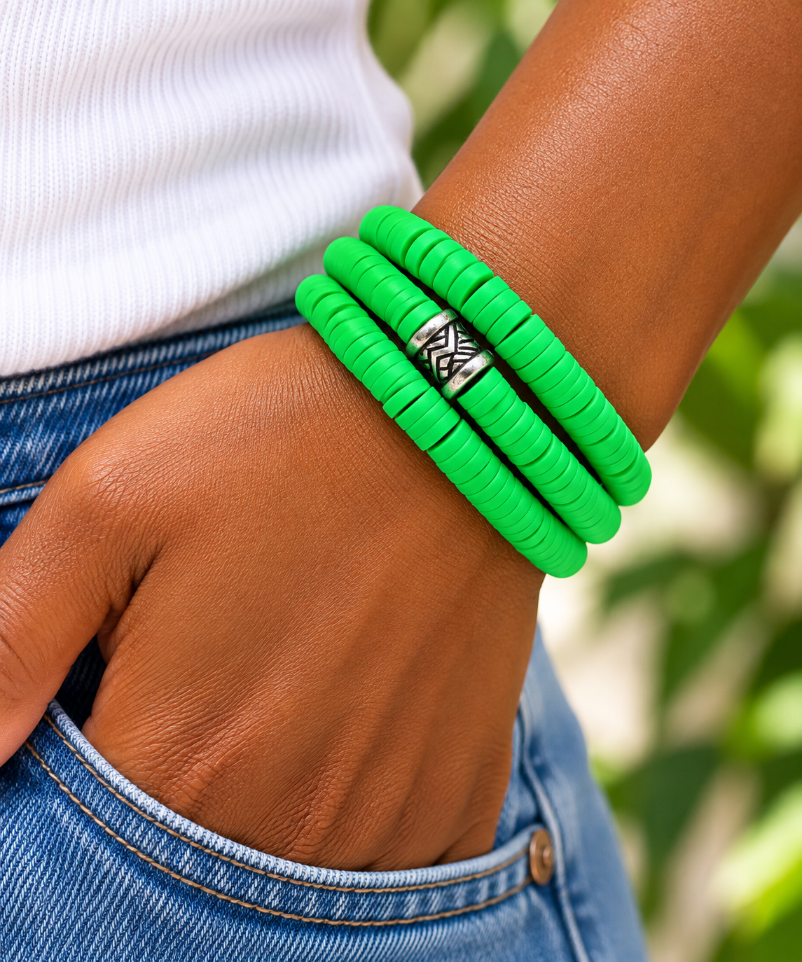 Lime Green Polymer Clay Stackable Bracelet Set – 3 Stretch Bracelets with Silver-Tone Geometric Spacer