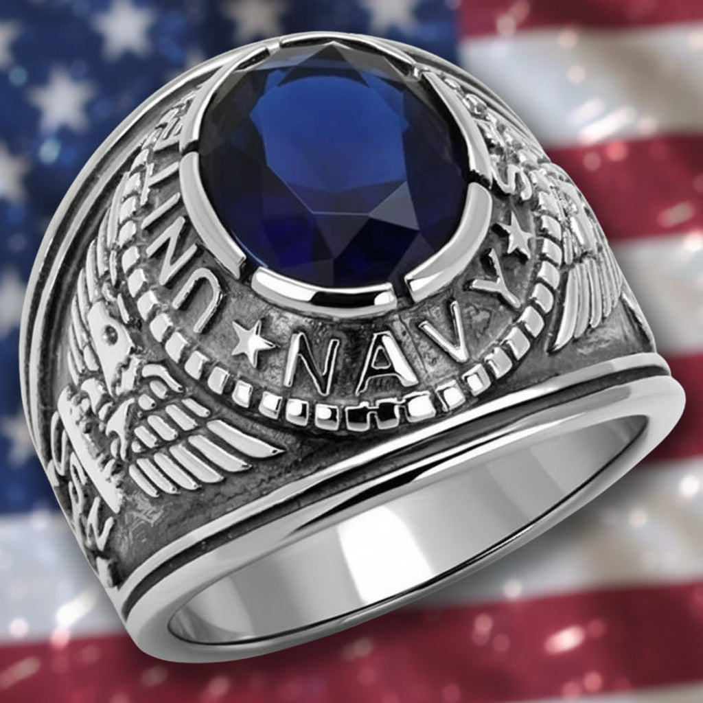 Navy Military Ring with Synthetic Sapphire Stone