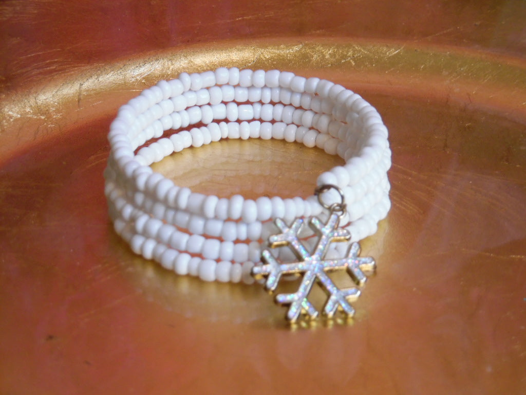 White Seed Bead Wrap Bracelet with Snowflake Charm