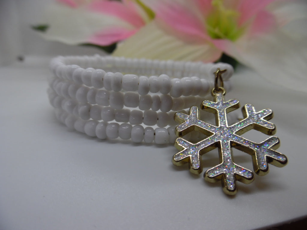 White Seed Bead Wrap Bracelet with Snowflake Charm