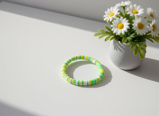 Striped bracelet with green, yellow, and white Heishi Polymer Clay Beads