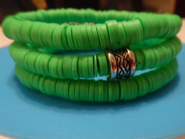 Lime Green Polymer Clay Stackable Bracelet Set – 3 Stretch Bracelets with Silver-Tone Geometric Spacer