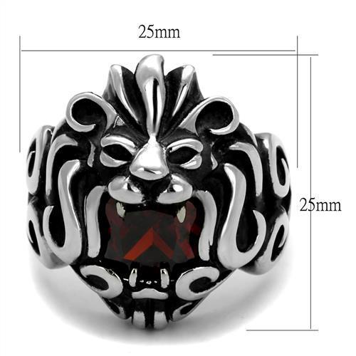 Stainless Steel Lion Head Ring with Square Cubic Zirconia in Garnet