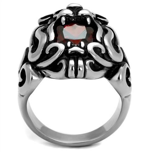 Stainless Steel Lion Head Ring with Square Cubic Zirconia in Garnet