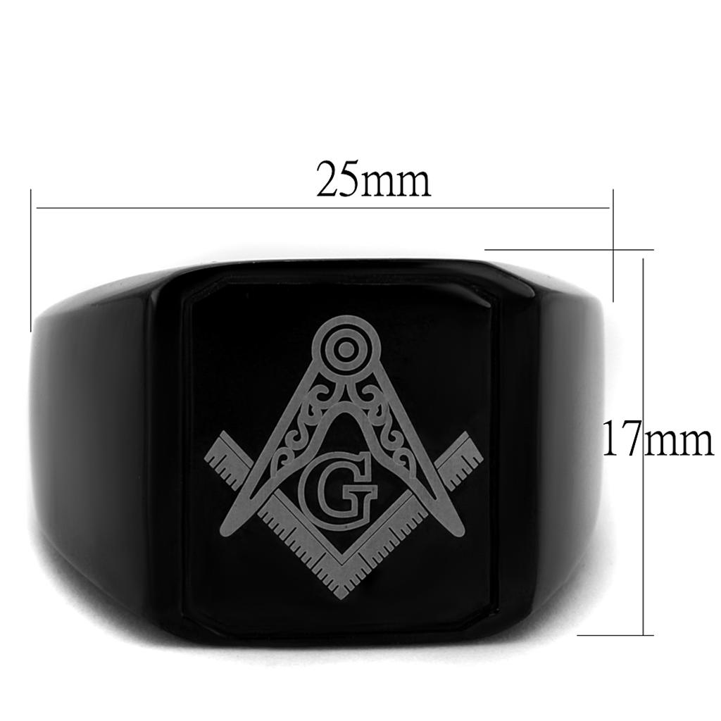 Men's Black Ruthenium-Plated Freemason Ring with Engraved Silver Emblem