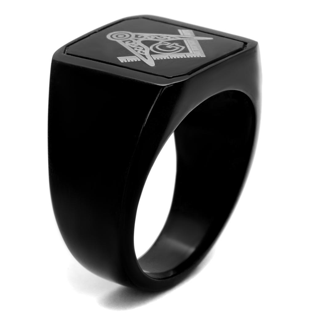 Men's Black Ruthenium-Plated Freemason Ring with Engraved Silver Emblem