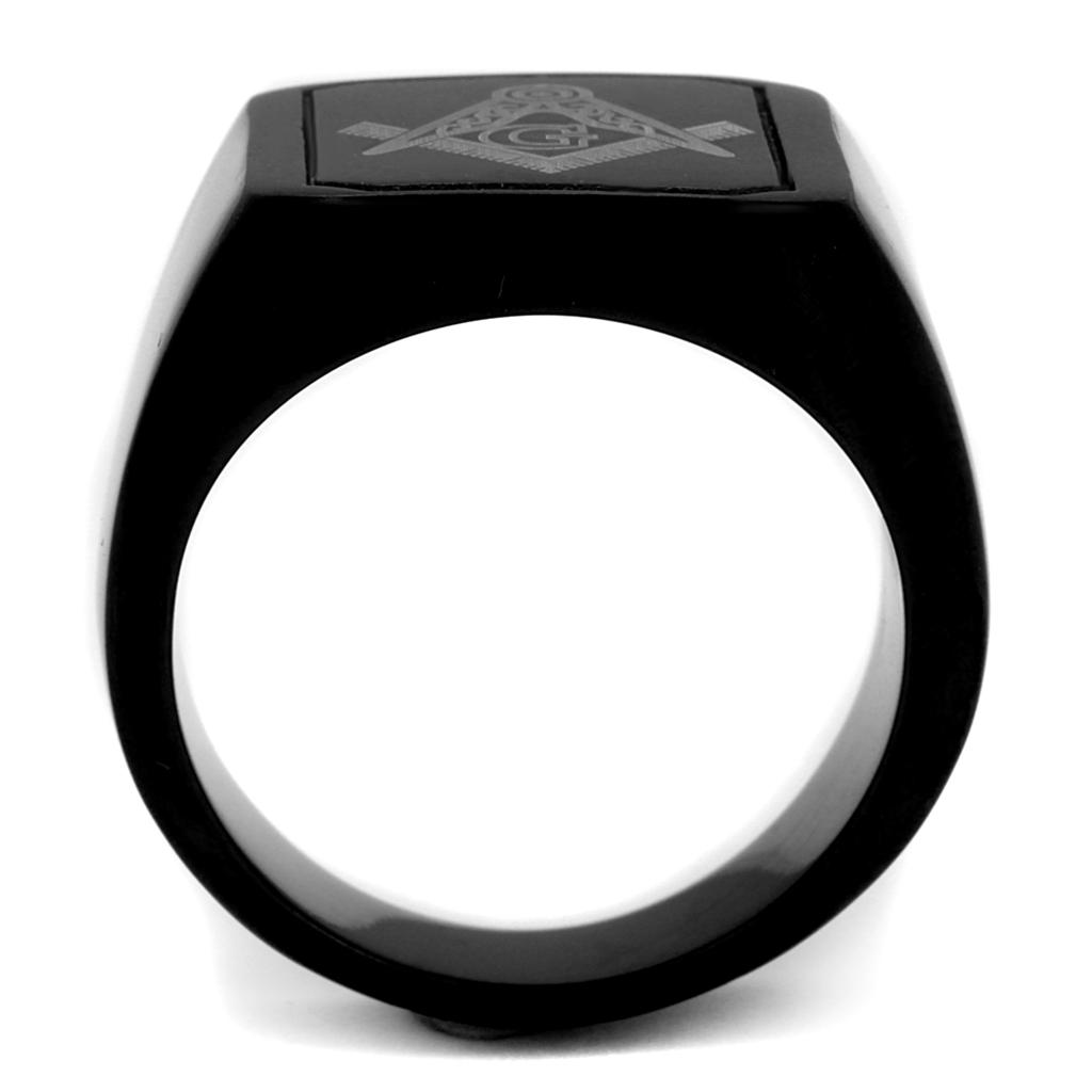 Men's Black Ruthenium-Plated Freemason Ring with Engraved Silver Emblem