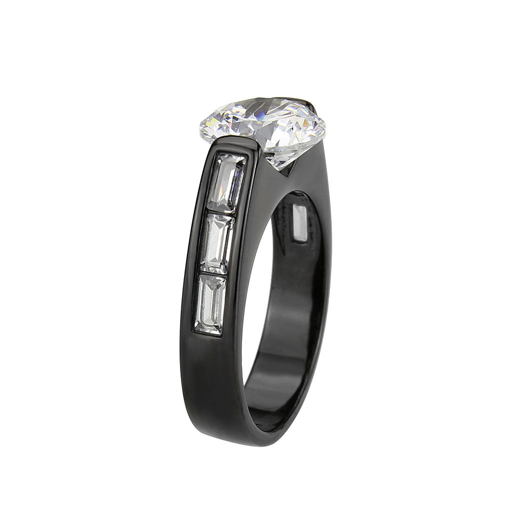 Round Cubic Zirconia Black Ring with Baguette Accents