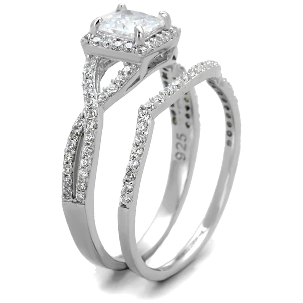 2-Piece Crossover Split Shank Halo CZ Wedding Set Sterling Silver