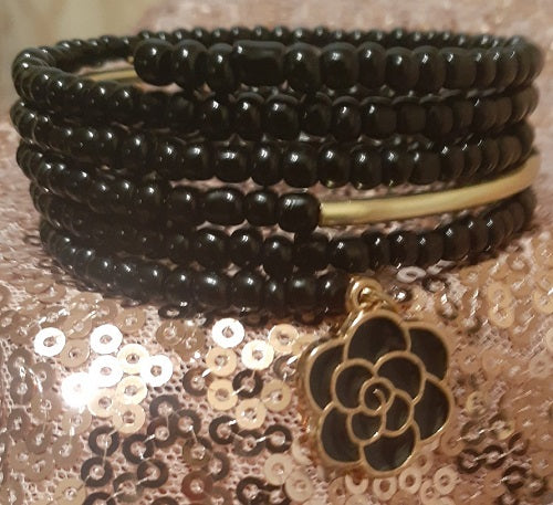 Black and Gold Seed Bead Bracelet and Earring Set