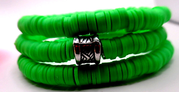 Lime Green Polymer Clay Stackable Bracelet Set – 3 Stretch Bracelets with Silver-Tone Geometric Spacer