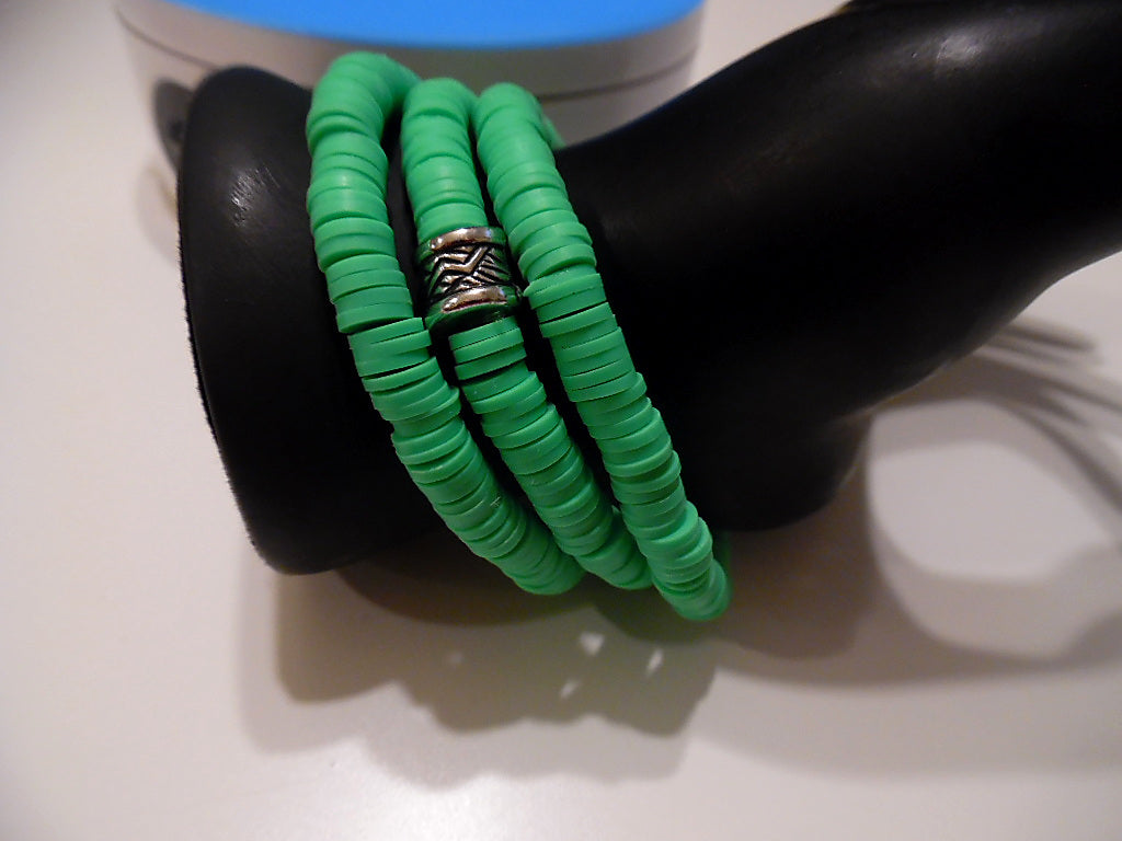 Lime Green Polymer Clay Stackable Bracelet Set – 3 Stretch Bracelets with Silver-Tone Geometric Spacer