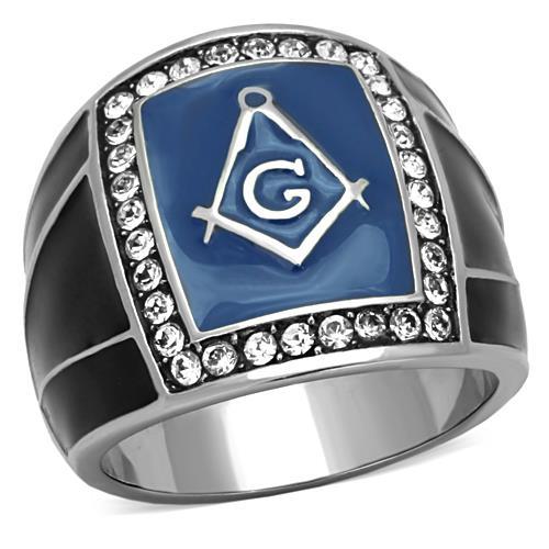 Men’s Stainless Steel Freemason Ring with Clear Crystal Halo