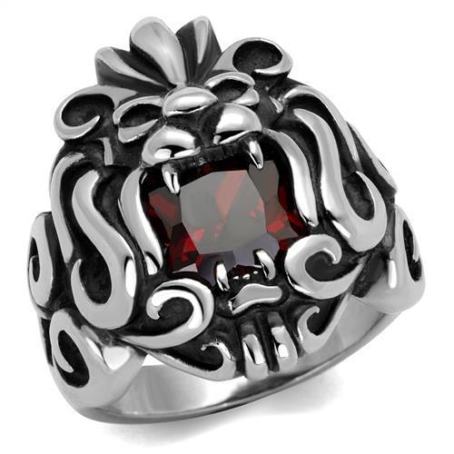 Stainless Steel Lion Head Ring with Square Cubic Zirconia in Garnet