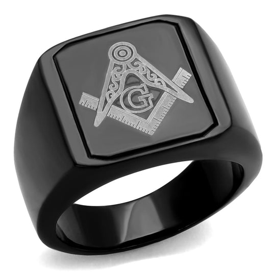 Men's Black Ruthenium-Plated Freemason Ring with Engraved Silver Emblem