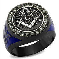 Exquisite Two-Tone Masonic  Stainless Steel Ring  with Black Crystals