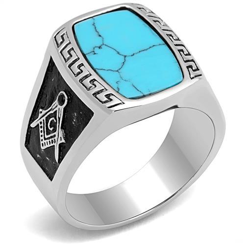 Men’s Stainless Steel Masonic Ring with Synthetic Turquoise