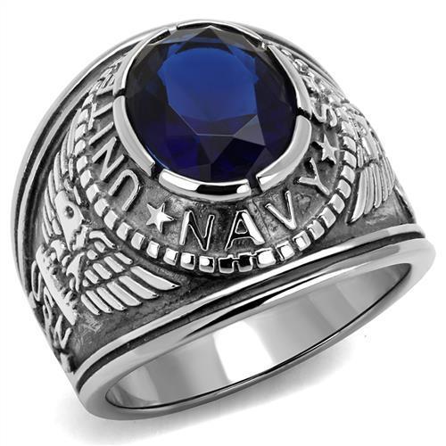 Navy Military Ring with Synthetic Sapphire Stone