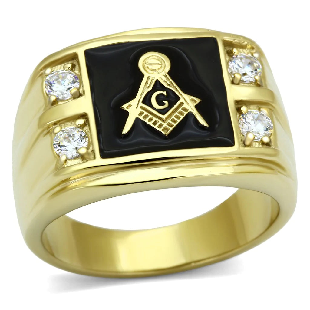 14k Gold Plated Masonic Insignia Ring in Stainless Steel