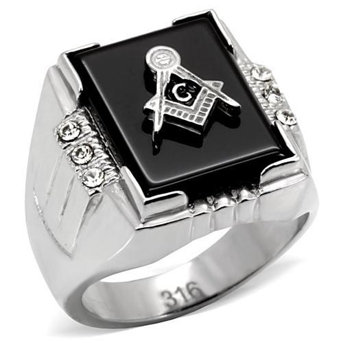 Bold Masonic Elegance: Jet-Black Agate Stainless Steel Ring