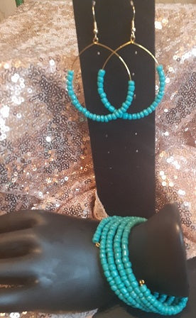 5-Coil Turquoise Seed Bead Bracelet and Earring Set