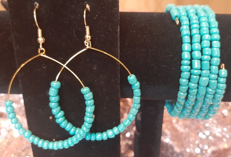 5-Coil Turquoise Seed Bead Bracelet and Earring Set